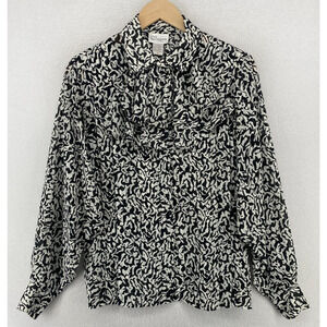 SUZANNE Blouse 8 Chiffon Printed Detachable Ruffle Collar Shoulder Pad Black Vtg